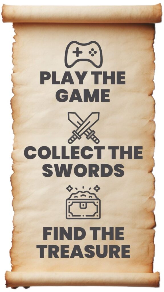 Parchment paper with words written: Play The Game. Collect The Swords. Find The Treasure.